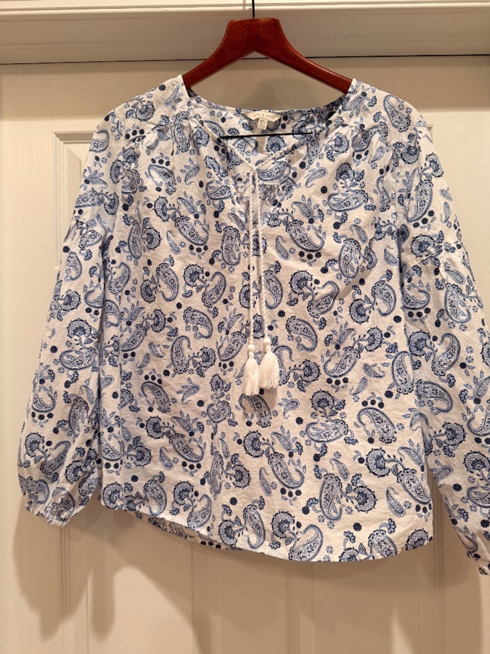 Lucky Brand Blue White Paisley Peasant Blouse Tassel Tie Top Women M